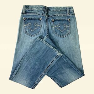 REROCK Jeans Womens 4S (30x29)‎ Bootcut Distressed Whiskered Light Wash
